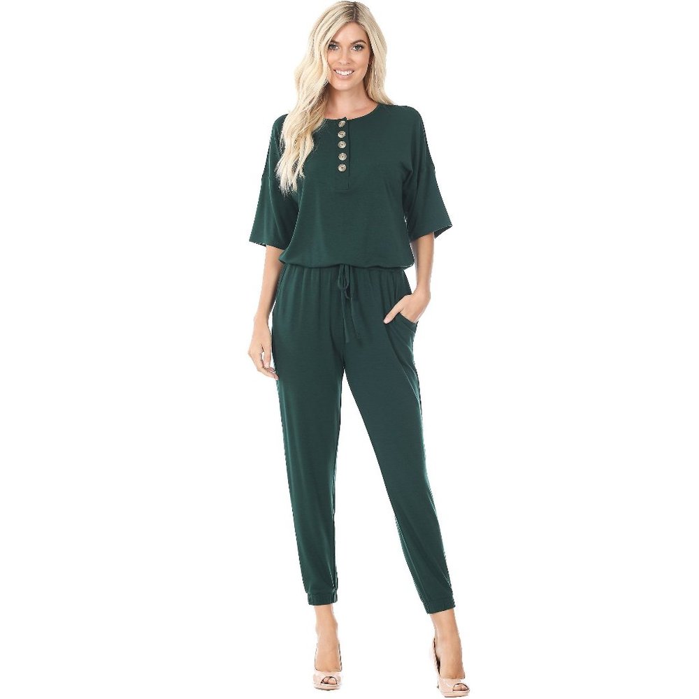 Women's Sporty Casual Jumper Elastic Waistband & Top Buttons Hunter Green